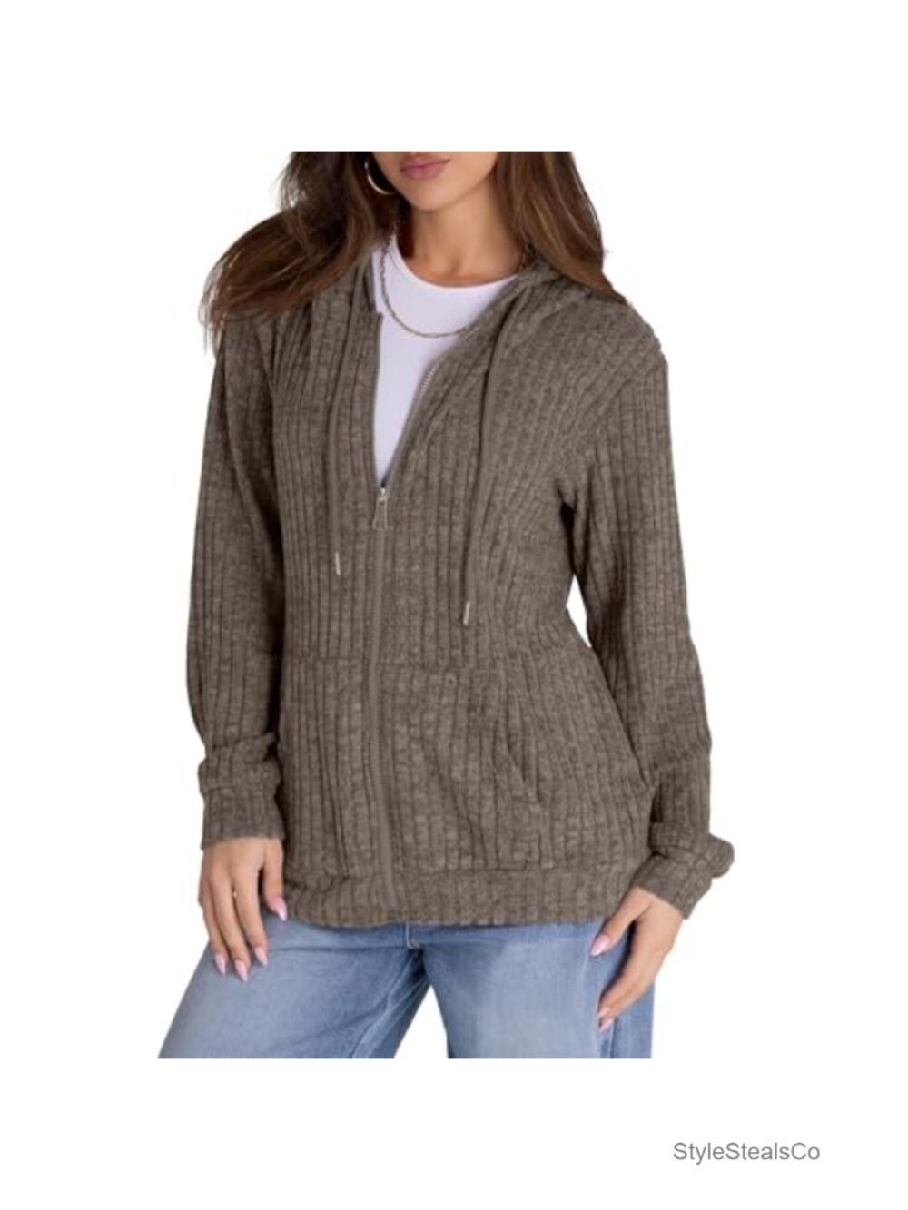 Oversized Zip Up Hoodie Lightweight Brushed Knit Long Sleeve